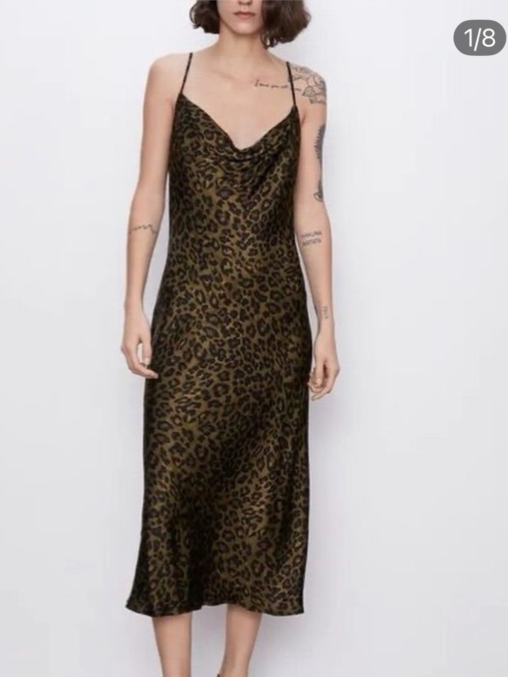 ZARA Cowl Neck Leopard Satin Slip Midi Dress Sz XS 90s Grunge Minimalist Edgy